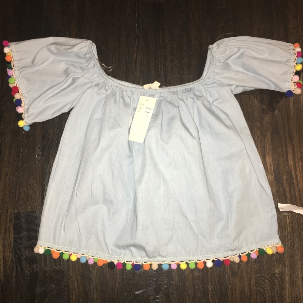 Off the shoulder denim Pom Pom shirt